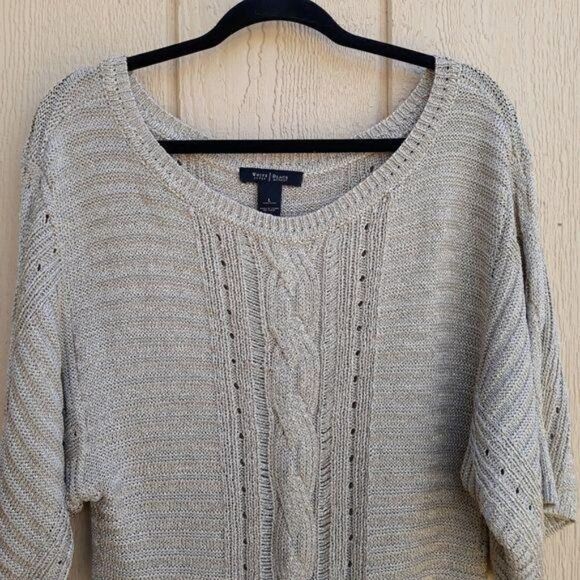 WHBM Metallic Tunic Textured Cable Knit Scoop Kimono Batwing Sweater Gold Sz L - Picture 4 of 13